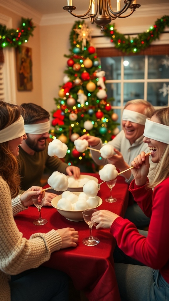 Family and friends playing a Christmas cotton ball game, blindfolded, with bowls and cotton balls on a festive table.